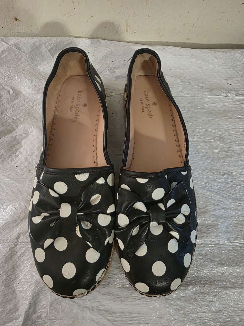 Kate Spade Black and White Leather Polka Dot Bow Espadrilles